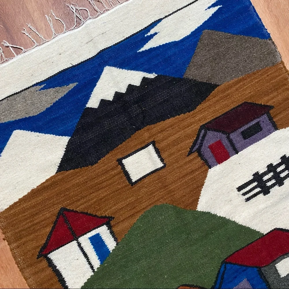 Vintage Blue Green Brown Mountain Village Tapestry